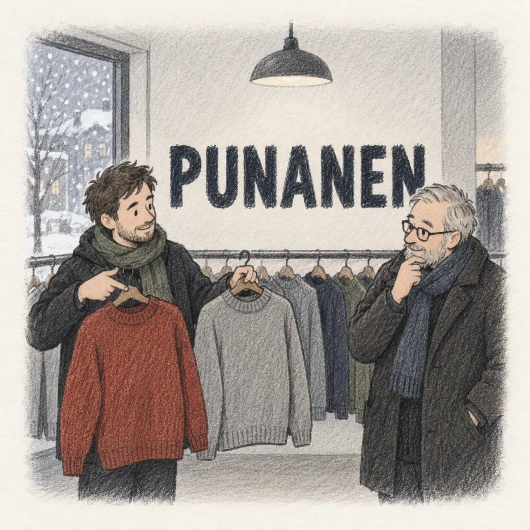 punanen - a man holding up a red jumper and a grey one in a Finnish shop, telling the friend beside him which he means, snow through the window