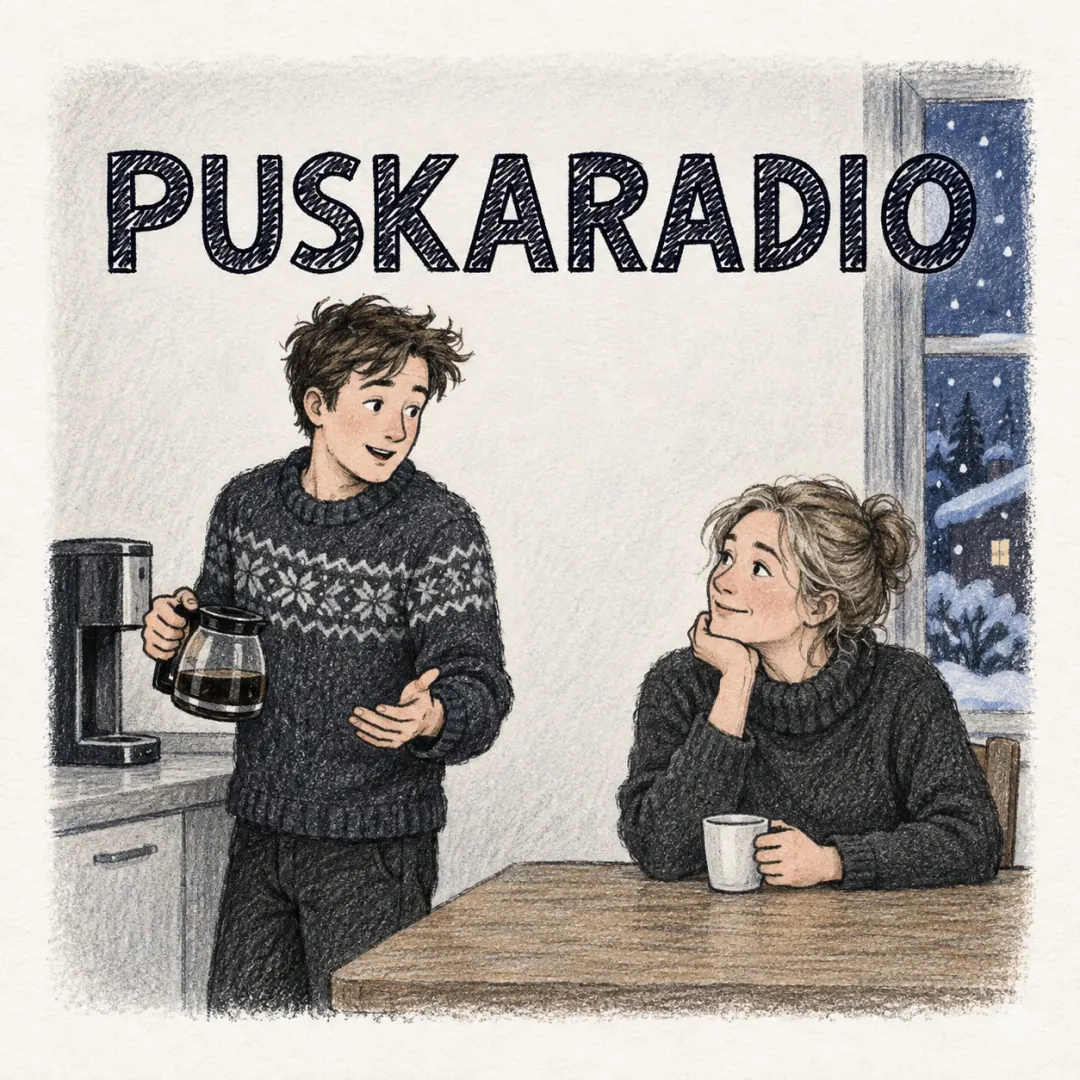 puskaradio - a young man with the coffee pot in the office kitchen passing on something he has just heard, the colleague at the counter leaning in for it