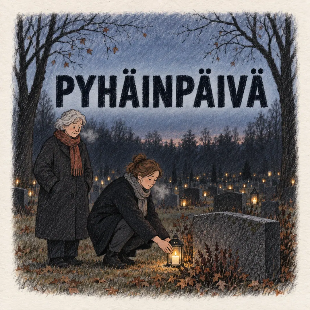 pyhäinpäivä - two women at a cemetery at dusk, the younger one crouching to set a lantern candle at the foot of a granite stone while hundreds more burn across the slope behind them