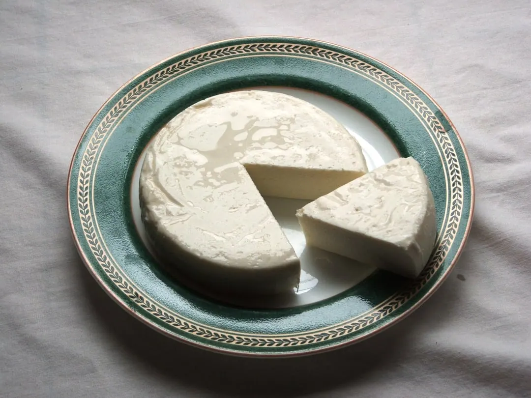 A soft white round of fresh cheese with a wedge cut out of it, on a patterned plate