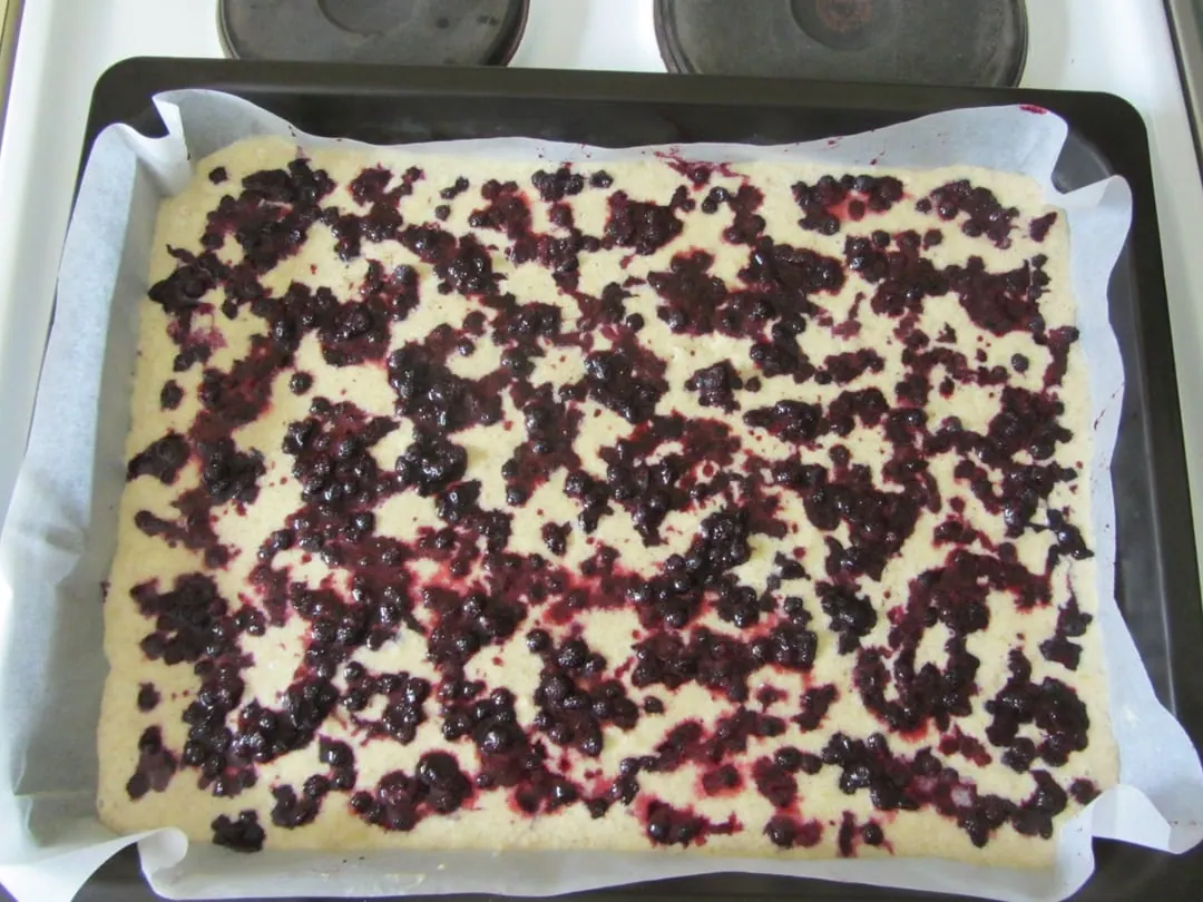 A rectangular tray bake lined with baking paper, spread with pale set custard and scattered with dark blueberries