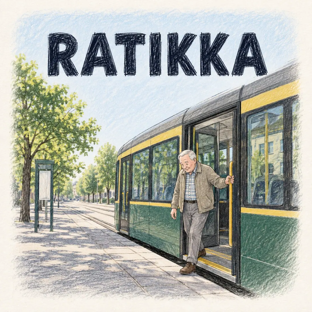 ratikka - an older man stepping down from a green and yellow Helsinki tram onto a summer street lined with trees