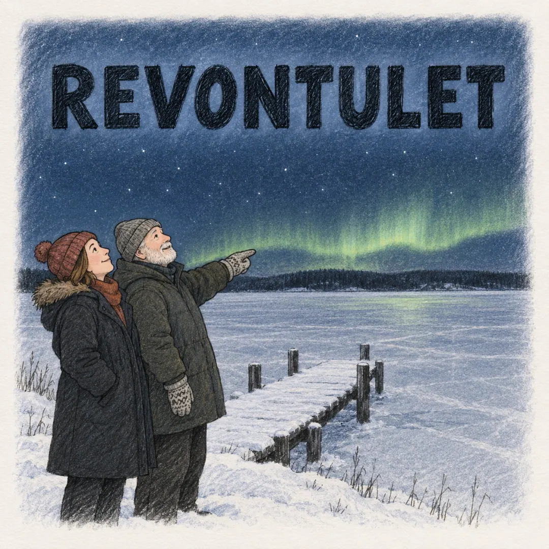 revontulet - two people in heavy coats and knitted hats on a frozen lake shore with their heads tipped back, green aurora over the far treeline, the older one pointing at it