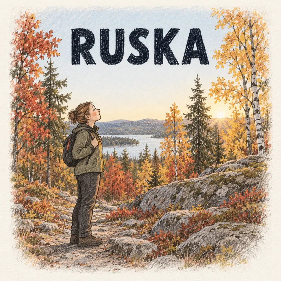 ruska - a walker stopping on a Finnish forest path to look up at birches turned red and yellow in the autumn colour season