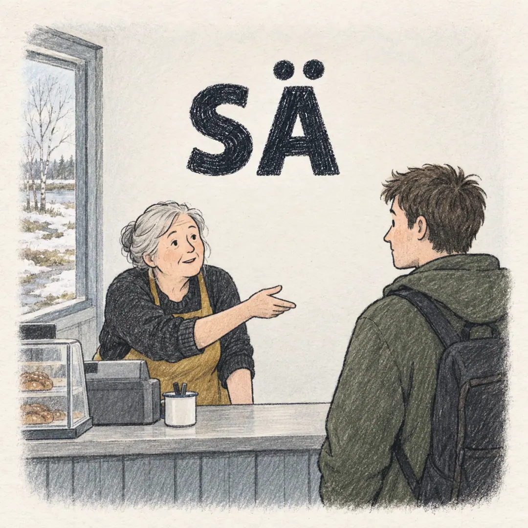 sä - an older woman behind a Finnish kiosk counter leaning forward and asking a young customer something directly, pointing with an open hand