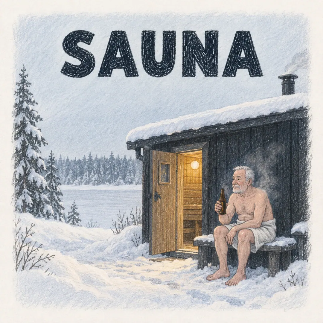 sauna - a man in a towel sitting with a beer outside a small wood-fired Finnish sauna, steam off his shoulders and deep snow all round