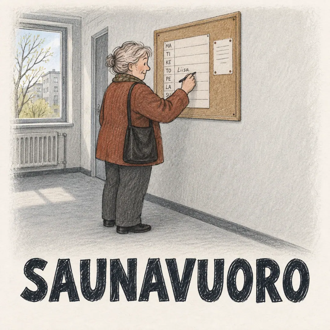 saunavuoro - a woman writing her name on the sauna booking list pinned to a noticeboard in a bare Finnish apartment-block corridor