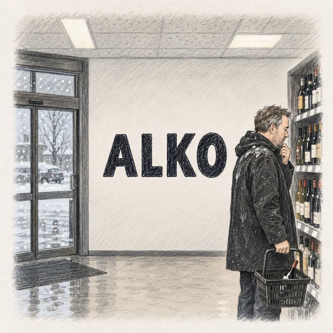 Alko - a man studying a shelf of bottles in a brightly lit Alko shop with one already in his basket, snow through the doors