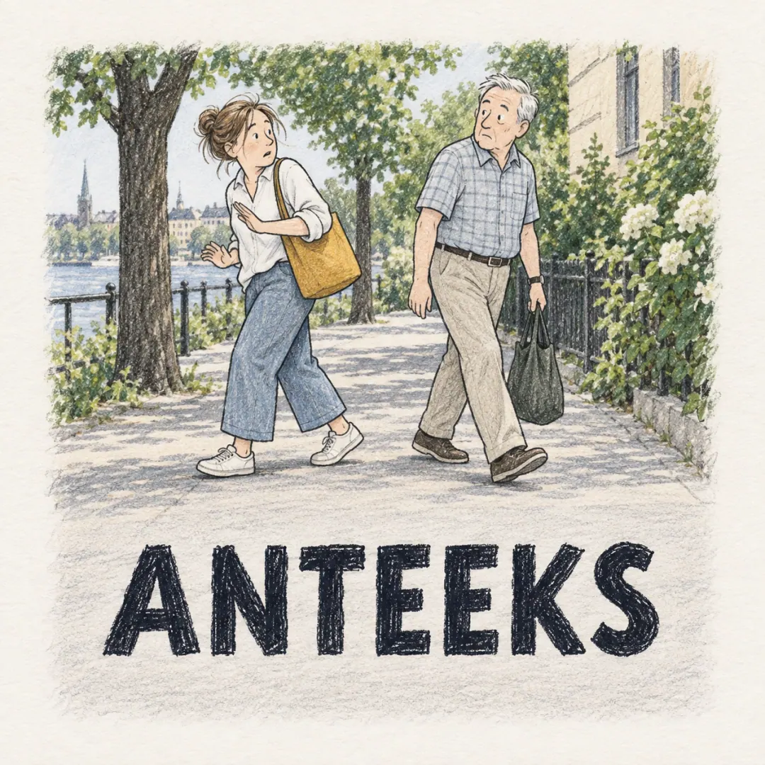 anteeks - a woman stepping back after nearly walking into an older man on a busy summer pavement, both already moving on