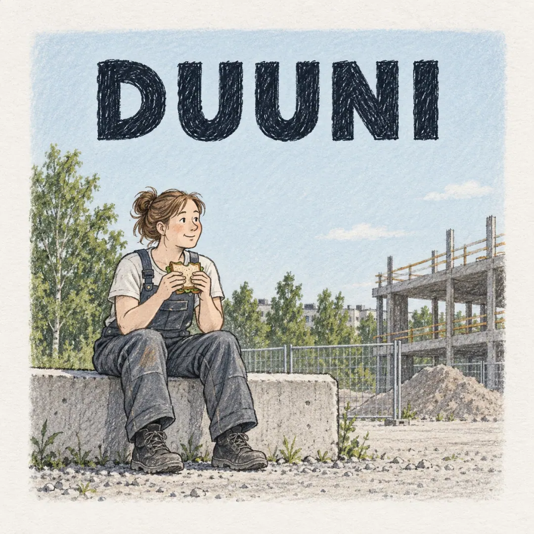 duuni - a woman in overalls sitting on a low wall outside a Finnish building site eating a sandwich in strong summer light