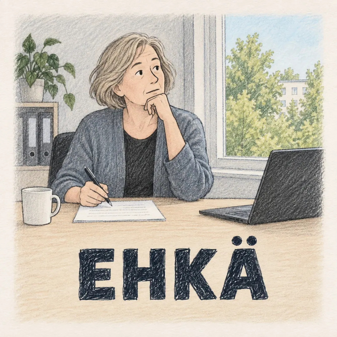 ehkä - a woman at an office desk considering a proposal with her pen paused over the paper, green trees outside