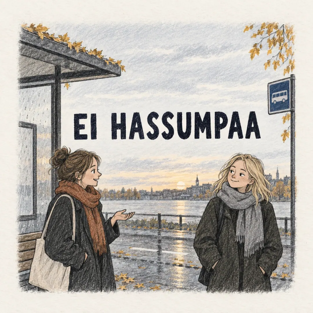 ei hassumpaa - two women at a Finnish bus stop shelter, one asking how it went and the other pulling the face that means it went well
