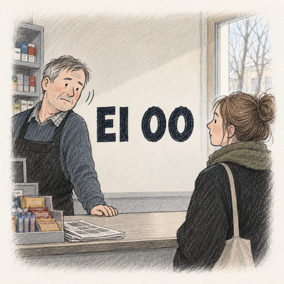 ei oo - a man behind a Finnish kiosk counter shaking his head slightly at a customer's question, bare trees through the window