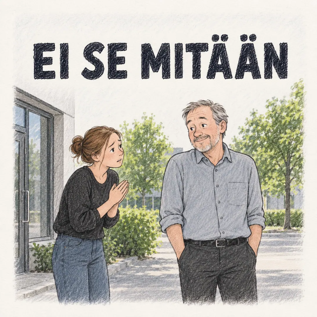 ei se mitään - a man with his hands in his pockets shrugging off a colleague's apology on a Finnish street in summer