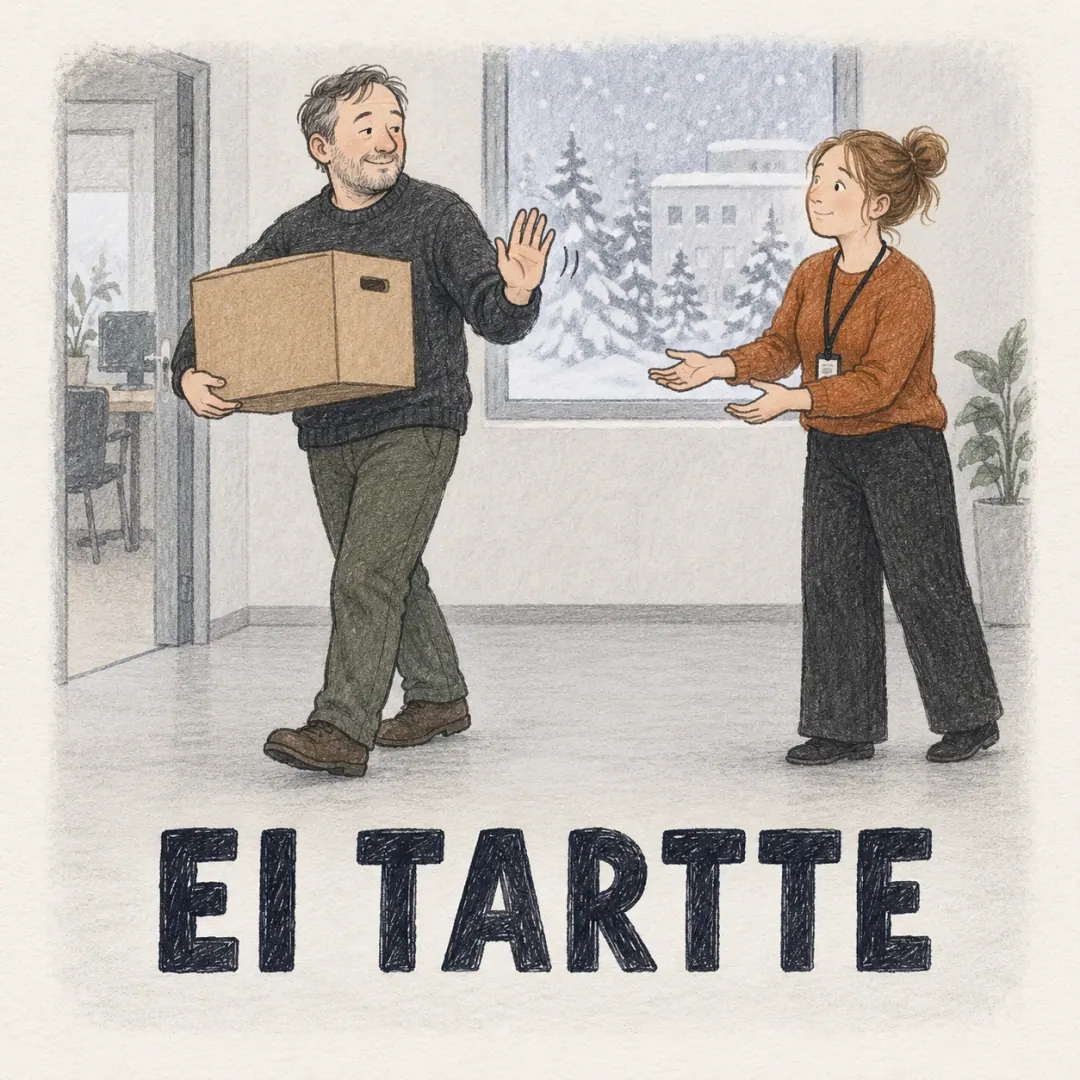 ei tartte - a man carrying a box easily through an office doorway, waving off a colleague's offer of help while snow falls outside