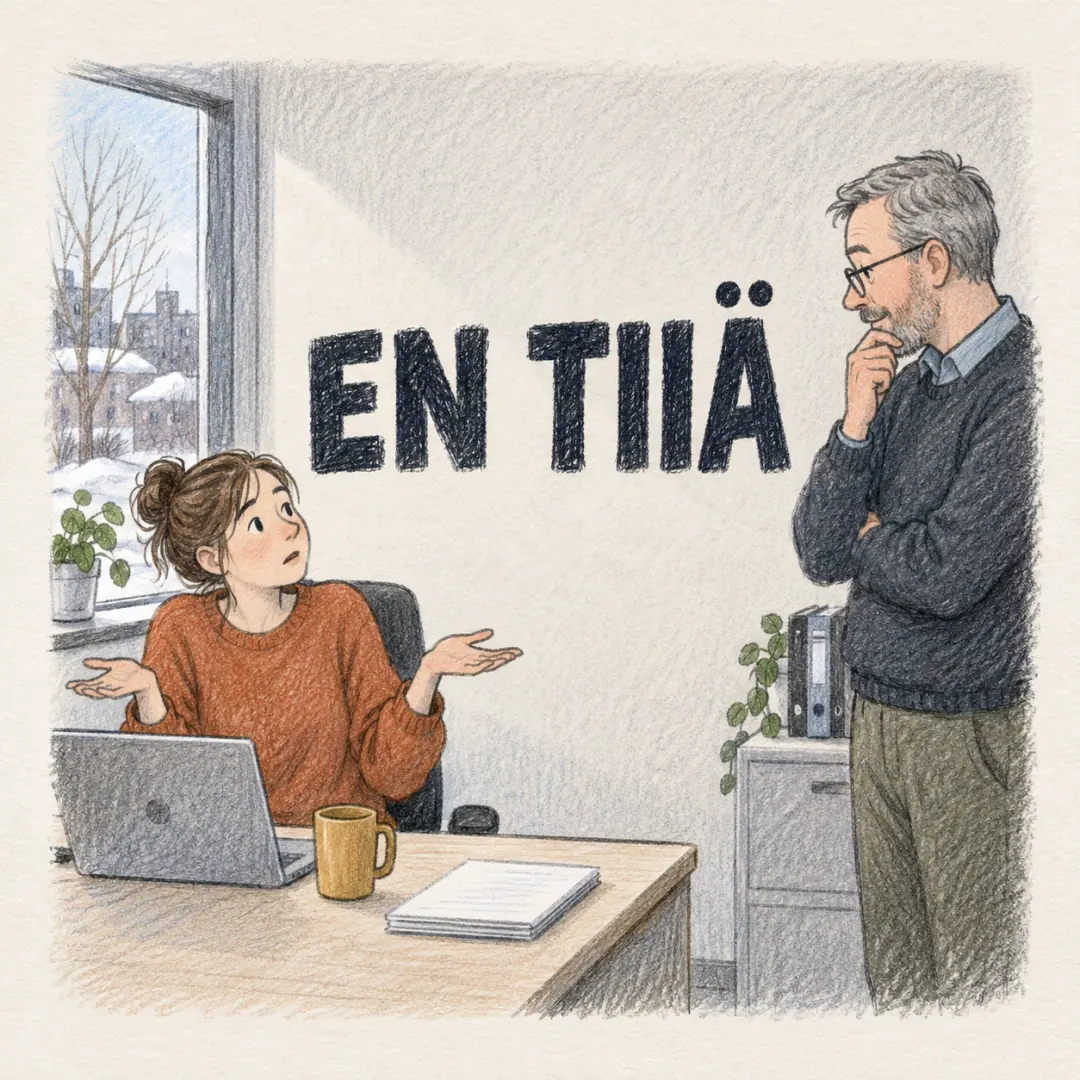 en tiiä - a young woman at an office desk turning to a colleague with both palms up, genuinely unsure, melting snow on the ledge