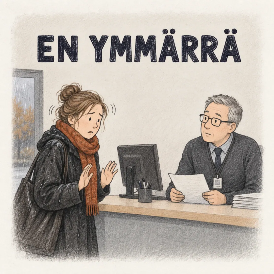 en ymmärrä - a woman at a service counter shaking her head apologetically at an official across the desk, her coat still wet