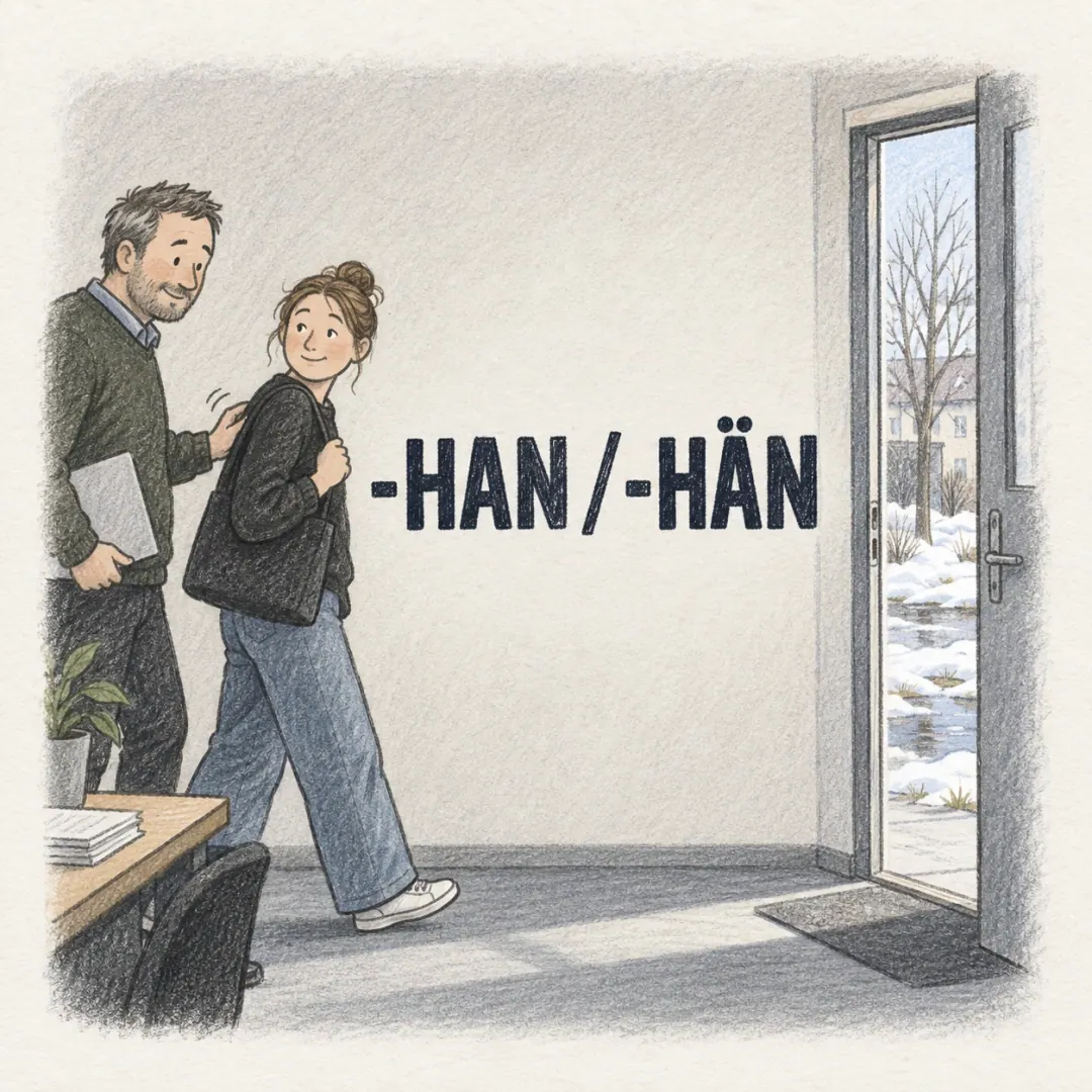 -han / -hän - a man steering a colleague towards a door with a light hand, softening an instruction into a suggestion