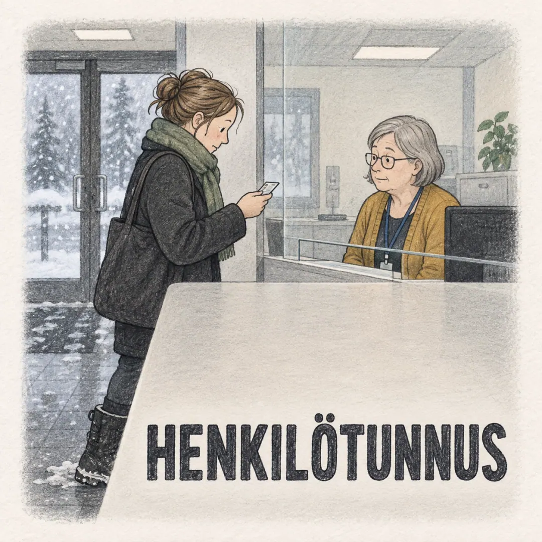 henkilötunnus - a woman reading a string of characters off a card to a clerk behind a glass counter, snow tracked in across the floor