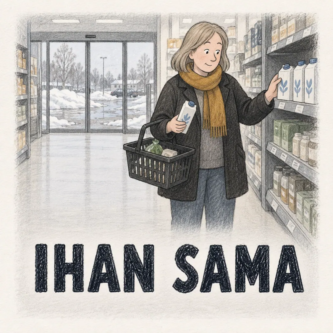 ihan sama - a woman in a Finnish shop aisle putting one of two identical cartons in her basket without caring which