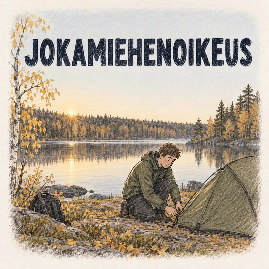 jokamiehenoikeus - a young man pitching a small tent at the edge of a Finnish lake at dusk with nobody else around