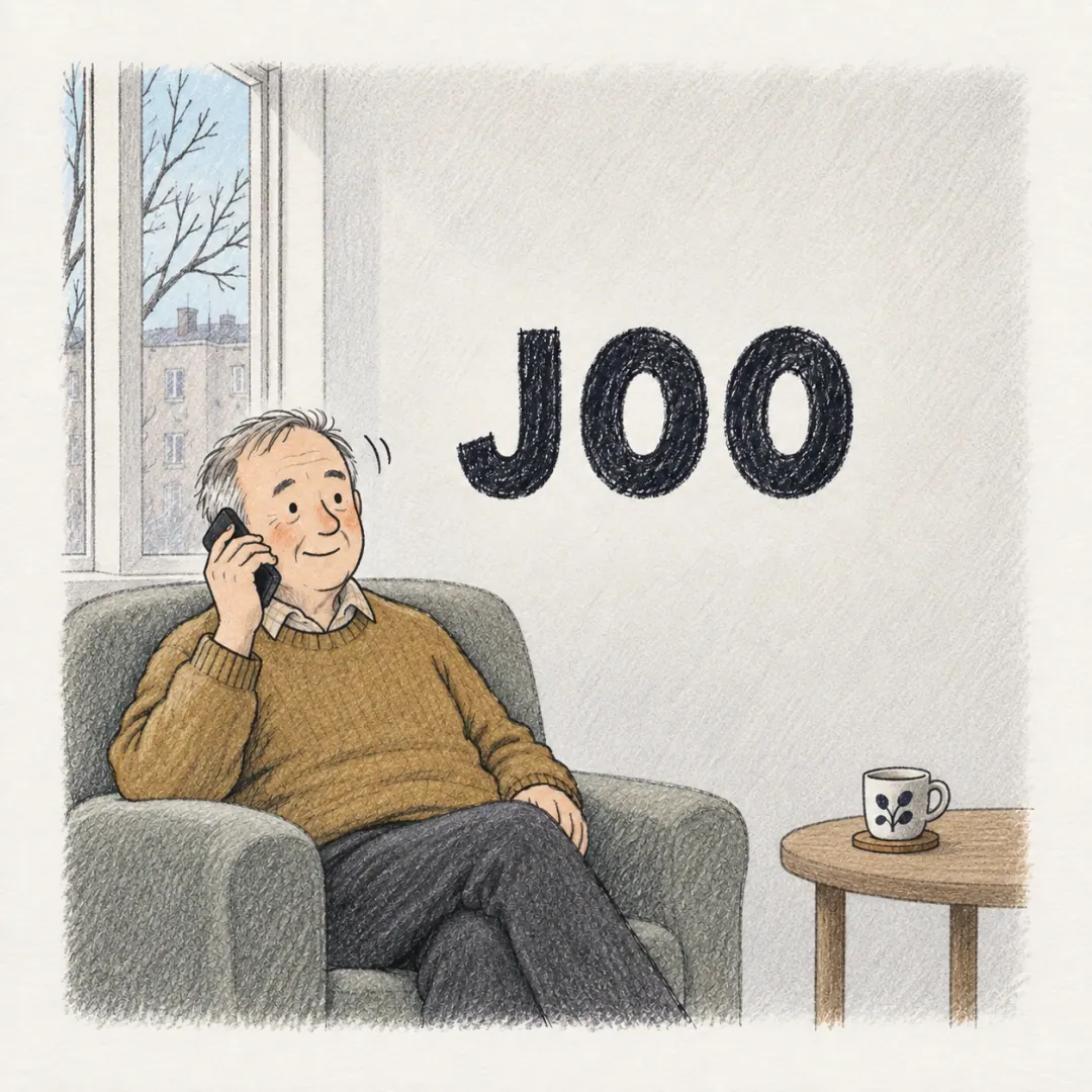 joo - an older man in an armchair with a phone to his ear, nodding once in agreement, bare branches through the window