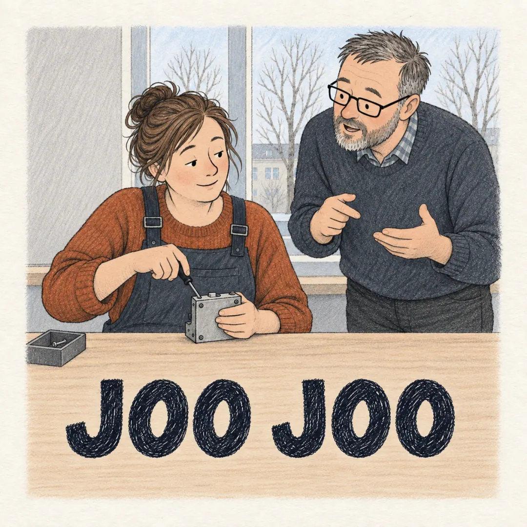 joo joo - a woman keeping on with her work at a bench while a colleague explains something she understood a while ago