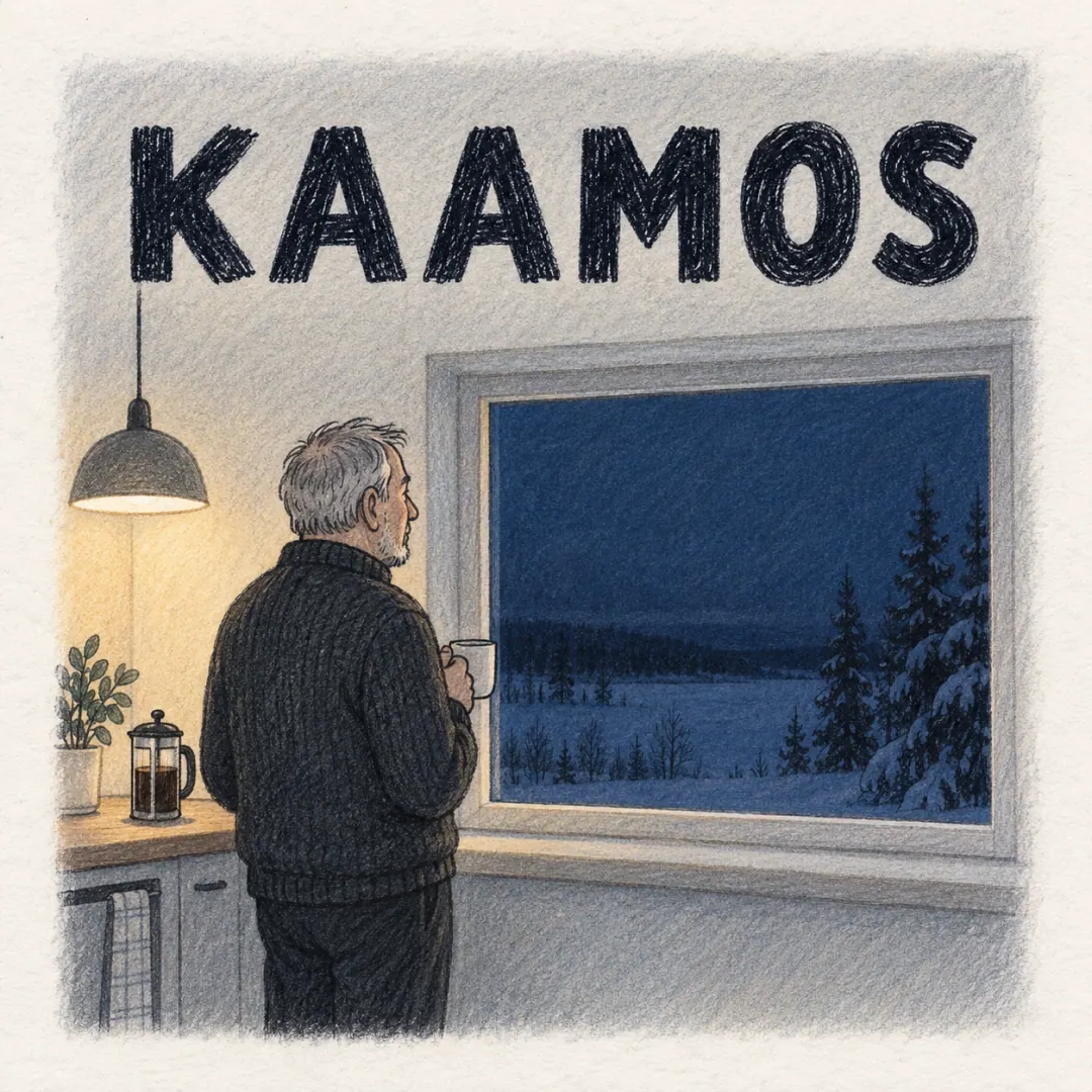 kaamos - a man at a kitchen window at midday looking out at blue darkness with a coffee cup, the kitchen light on behind him