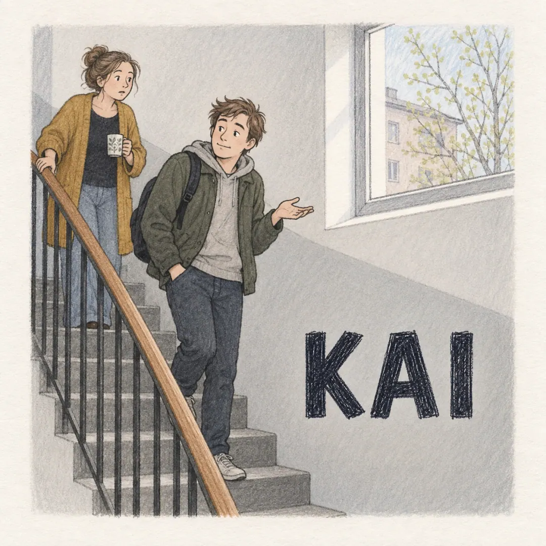 kai - a young man half-shrugging at his flatmate's question in a Finnish stairwell, already heading down the stairs