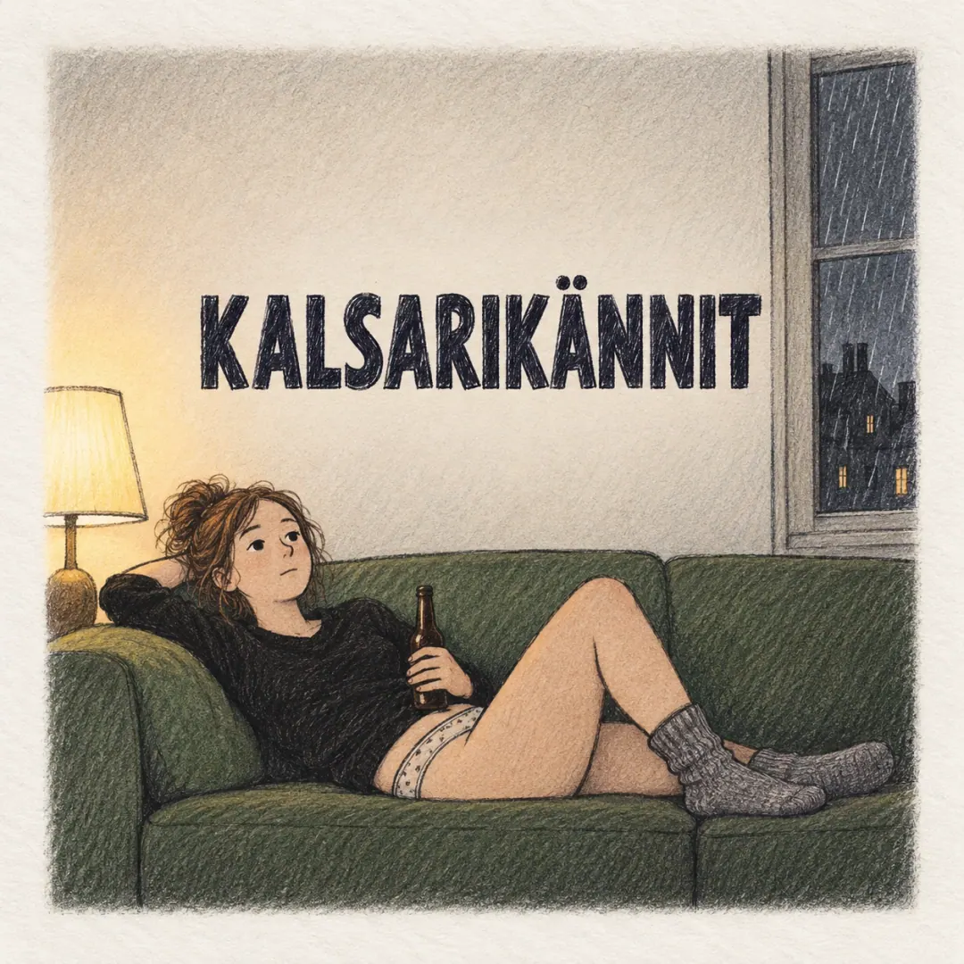 kalsarikännit - a woman on a green sofa in a jumper and underwear with a beer, rain on the window and lit windows across the street