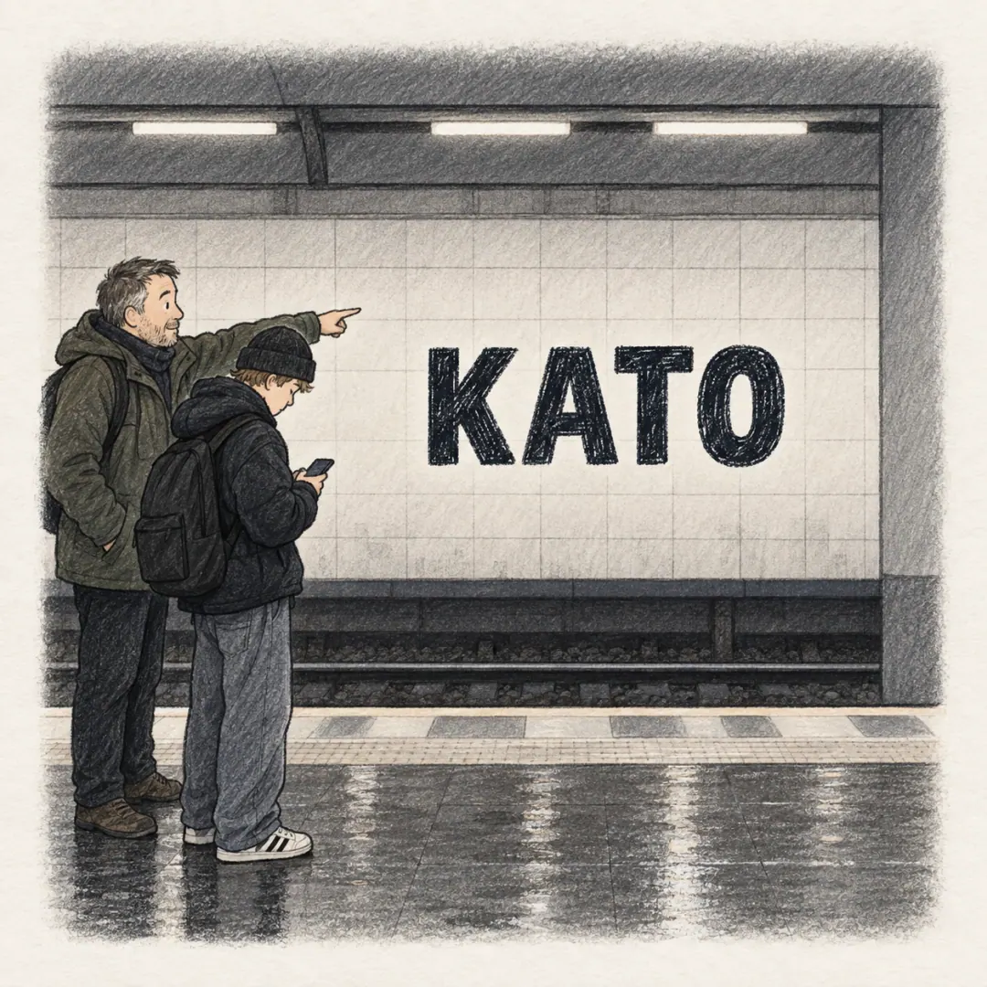 kato - a father pointing something out to his teenage son on a Helsinki metro platform while the son keeps looking at his phone