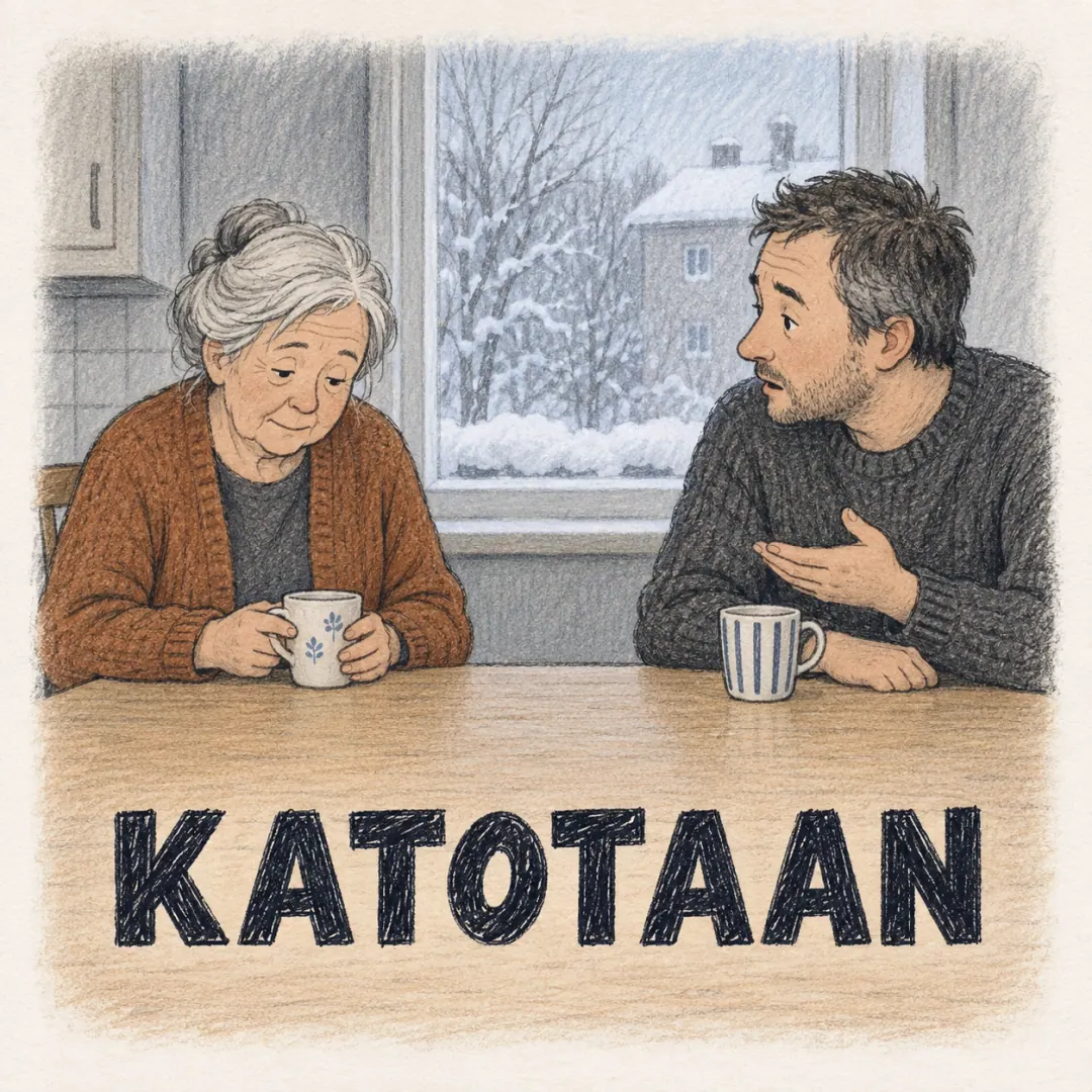 katotaan - an older woman at a kitchen table looking down at her coffee instead of answering her son, snow on the window ledge