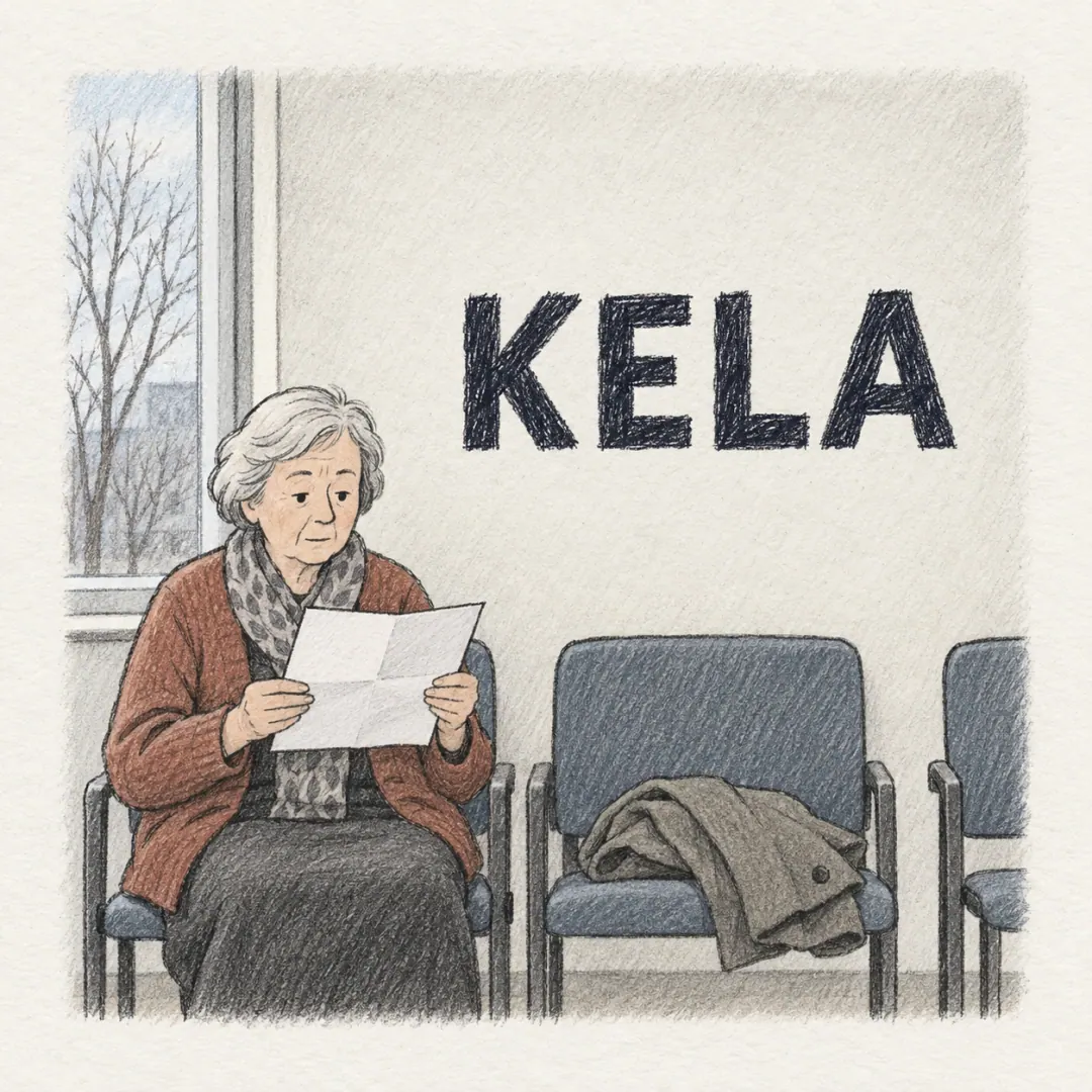 Kela - an older woman in a waiting room reading an opened official letter with no expression at all, a folded coat on the chair beside her
