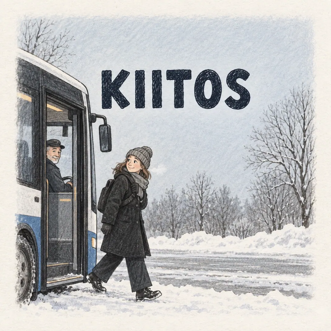 kiitos - a passenger stepping off a city bus into the snow as the driver looks on