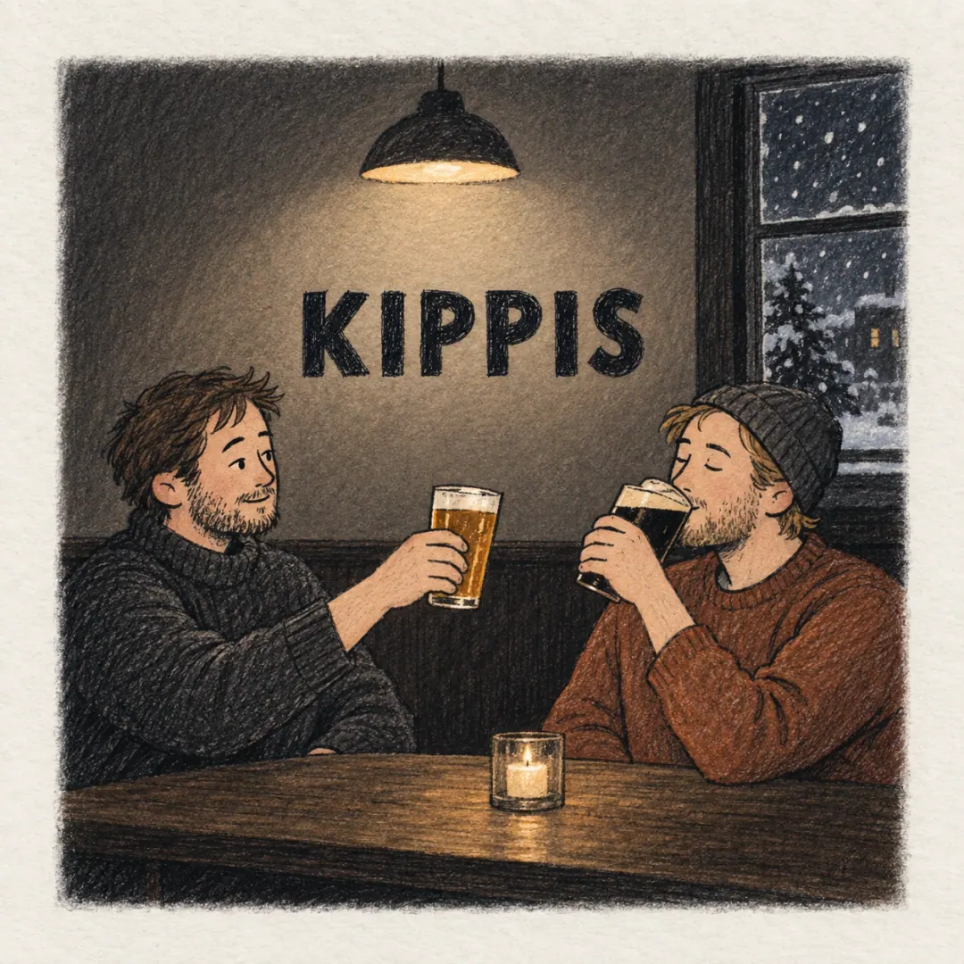 kippis - two men knocking glasses together in a dim Finnish bar on a winter night, one already drinking