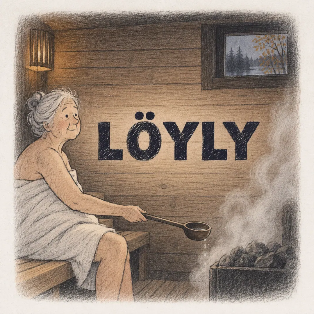 löyly - an older woman alone on a cottage sauna bench with a ladle in her hand and steam rising in front of her