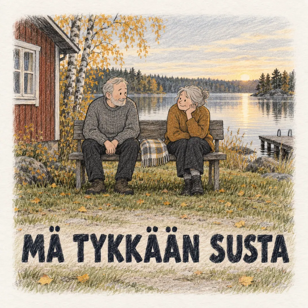 mä tykkään susta - two people in their sixties on a bench outside a summer cottage, one having just said it after a long silence