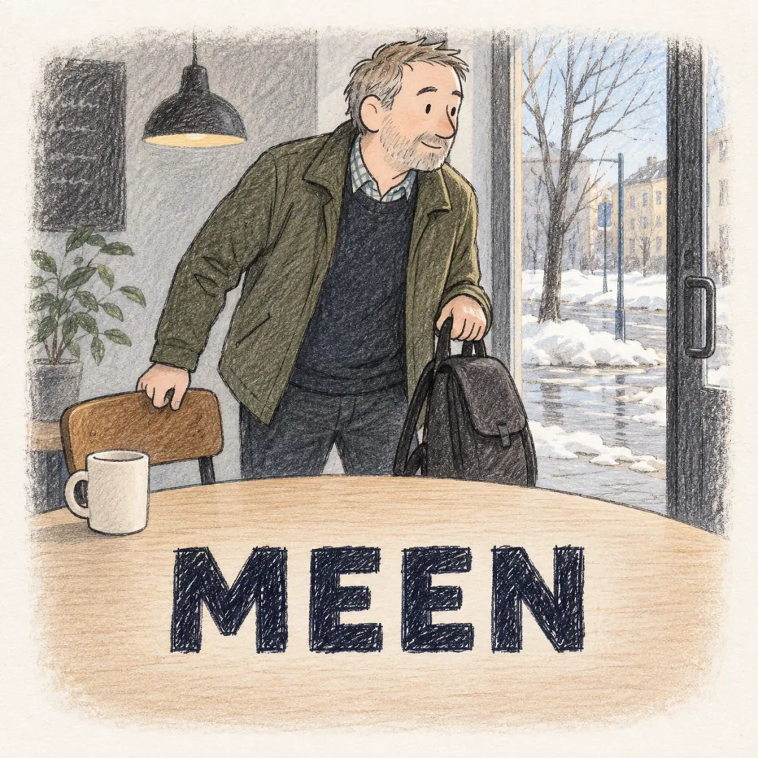 meen - a man standing up from a café table and picking up his bag, melting snow on the street outside