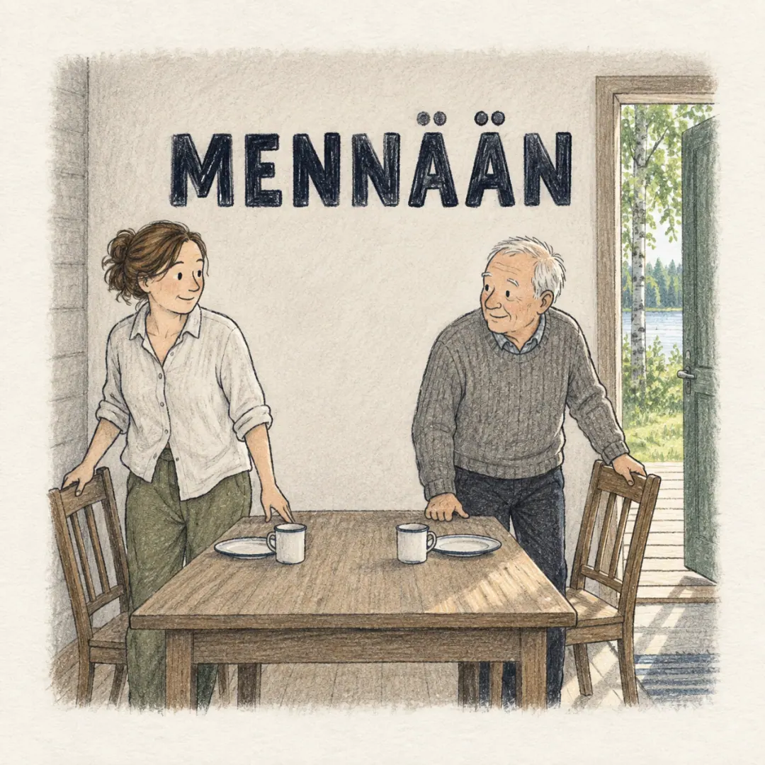 mennään - a woman and her father-in-law pushing their chairs back from a summer cottage table at the same moment