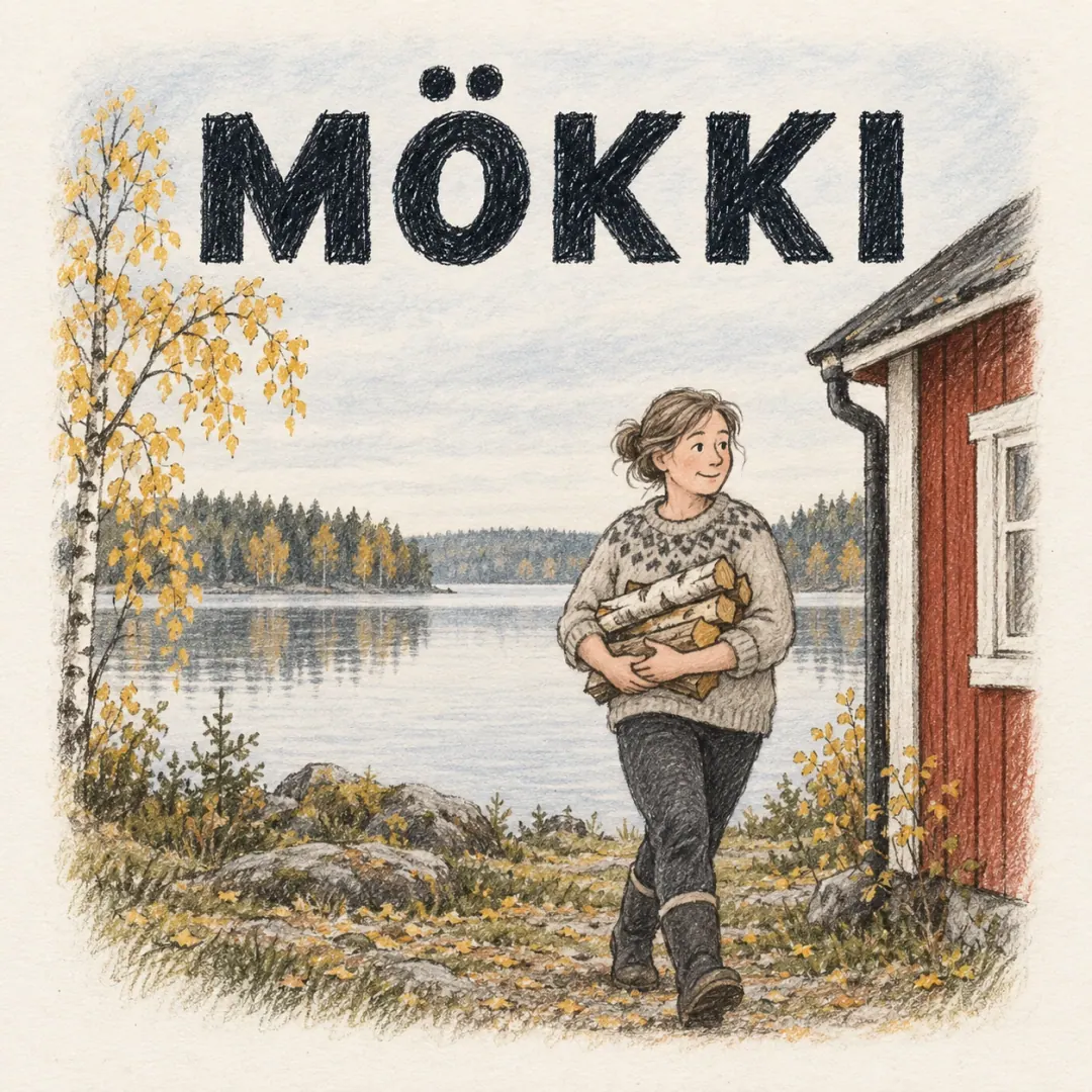 mökki - a woman carrying an armful of firewood past the corner of a red lakeside cottage in yellow autumn light