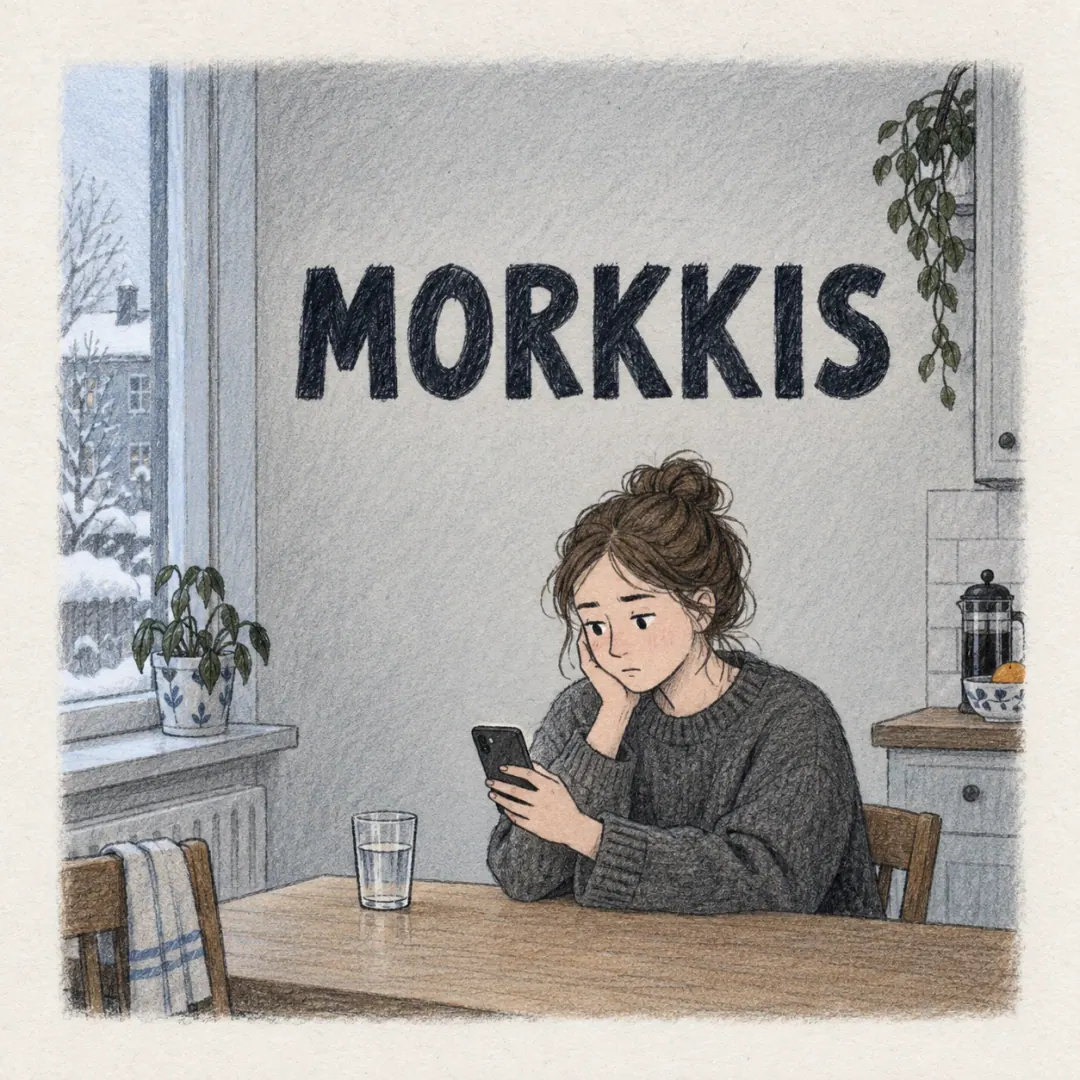 morkkis - a young woman staring at her phone in a kitchen with a glass of water, replaying something she said last night