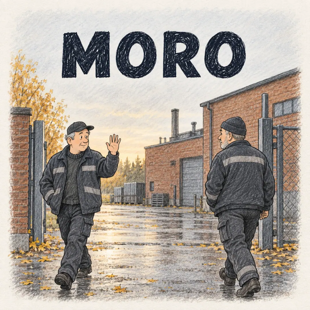 moro - two men in work jackets lifting a hand to each other outside a factory gate without breaking stride, wet autumn asphalt