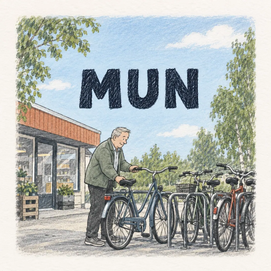 mun - an older man picking his own bicycle out of a crowded rack outside a Finnish shop on a bright summer day