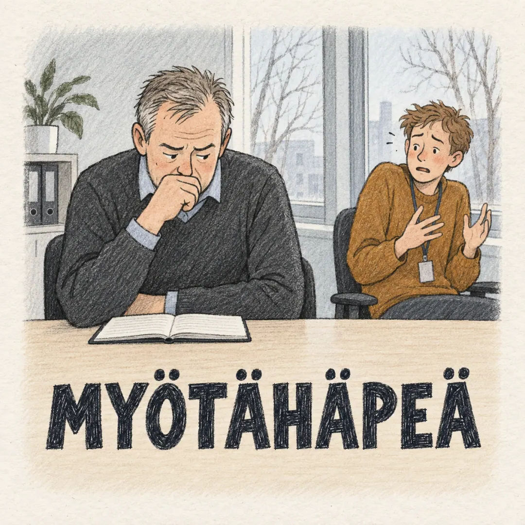 myötähäpeä - a man at an office table staring hard at his own notebook while a younger colleague speaks, physically shrinking