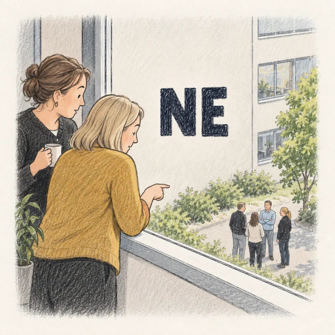 ne - two women at an office window looking down at a group in the yard below and talking about them