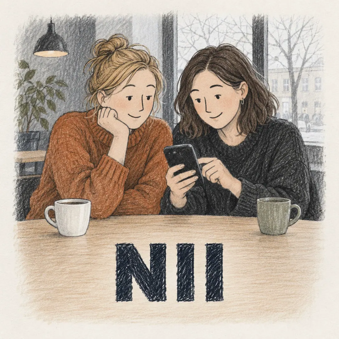 nii - two women in a café looking at the same phone, one making a small sound of agreement
