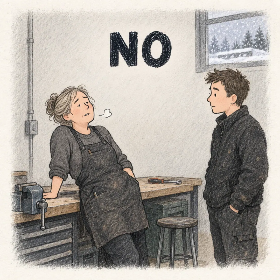 no - a woman leaning back from a workshop bench with a small sigh while a younger colleague waits