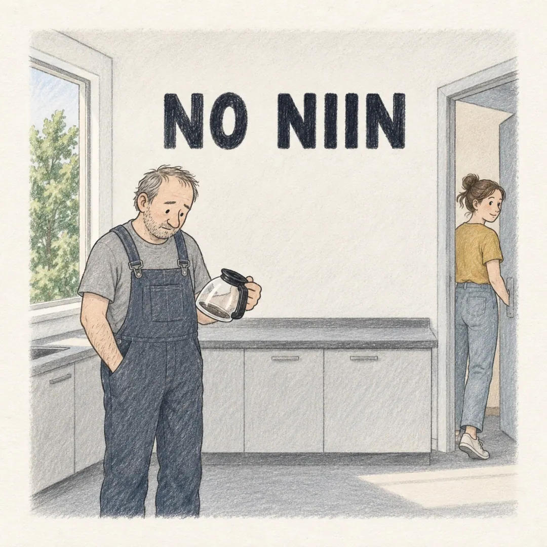 no niin - a man in dungarees holding a coffee pot in a kitchen doorway as someone leaves
