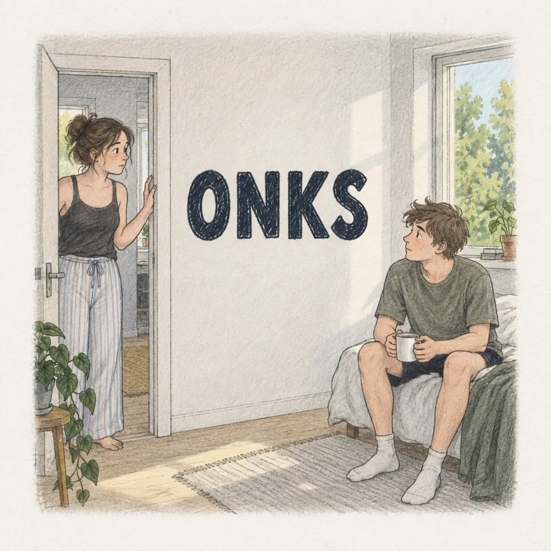 onks - a young woman in a doorway asking her flatmate a short question with one hand on the frame