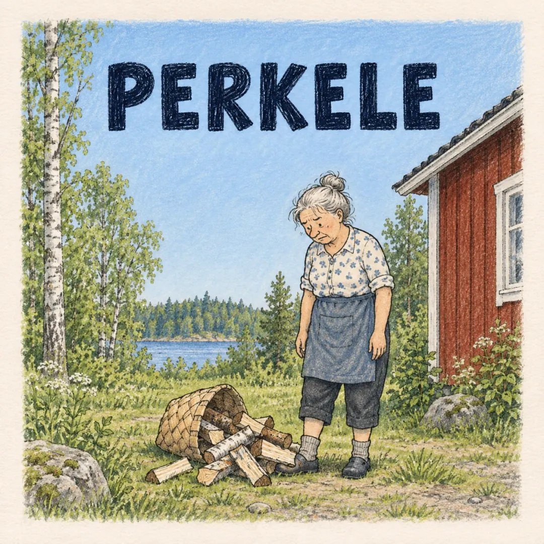 perkele - an older woman standing perfectly still in a summer cottage yard after dropping a basket of firewood on her own foot
